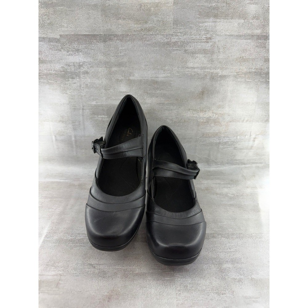 Clarks Women Black Leather Mary Jane Block Heels Sz 7.5M 61638 Softwear Pump